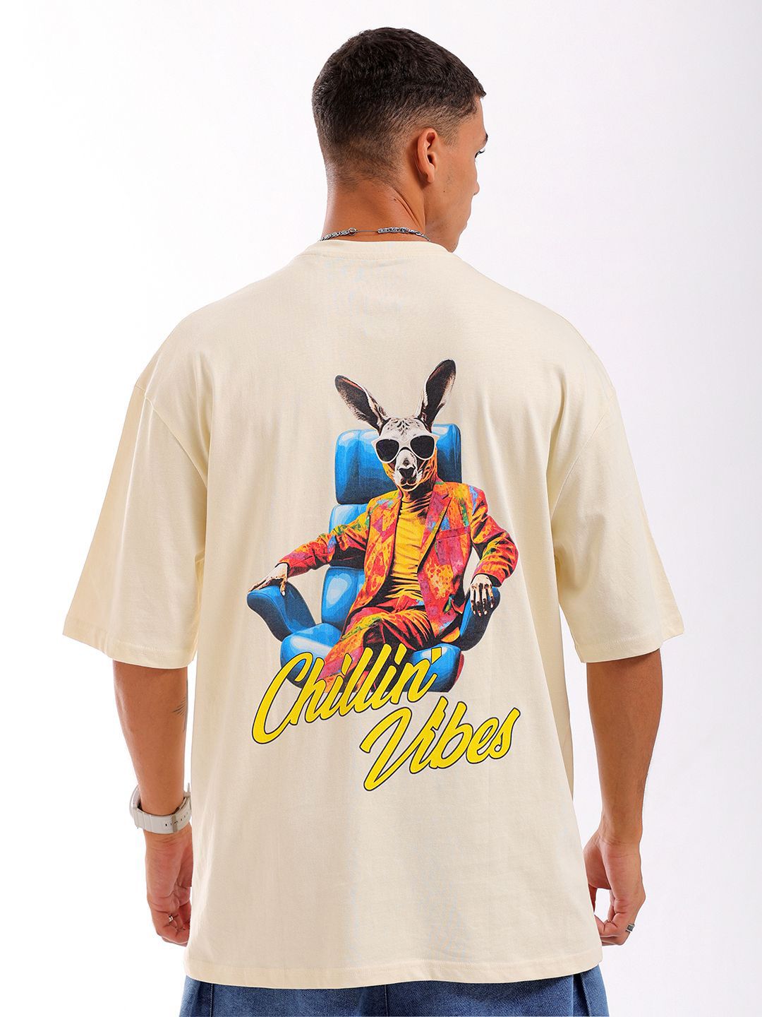 The Indian Garage Co Men Back Printed Oversized Round Neck Pure Cotton T-shirt