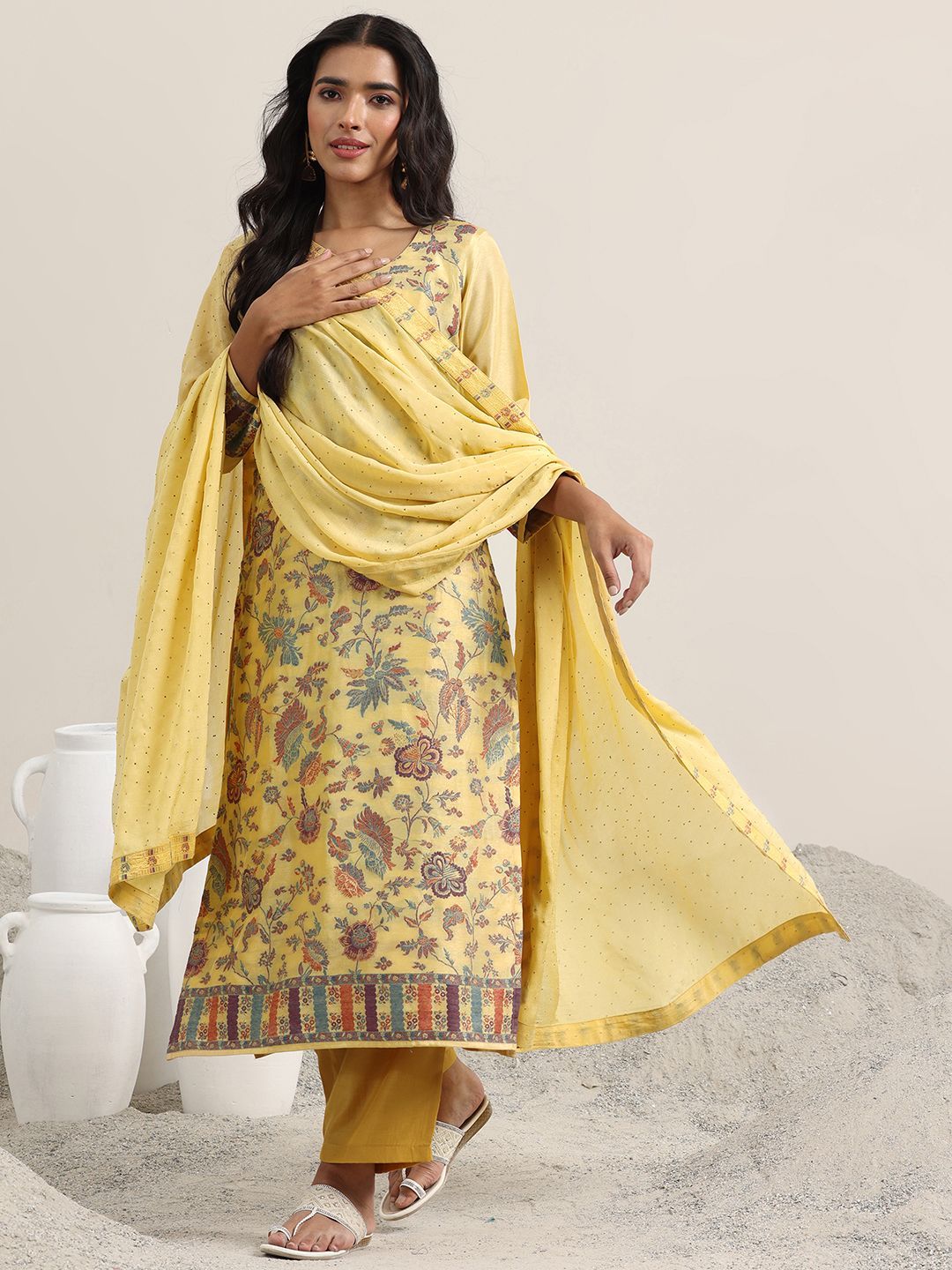 Libas Floral Woven Design Round Neck Regular Straight Kurta With Trousers & Dupatta