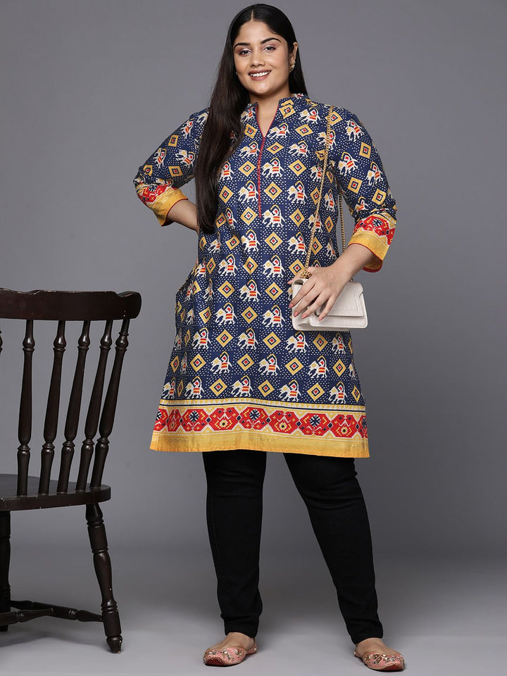 Indo Era Plus Size Geometric Foil Printed Block Print Kurta