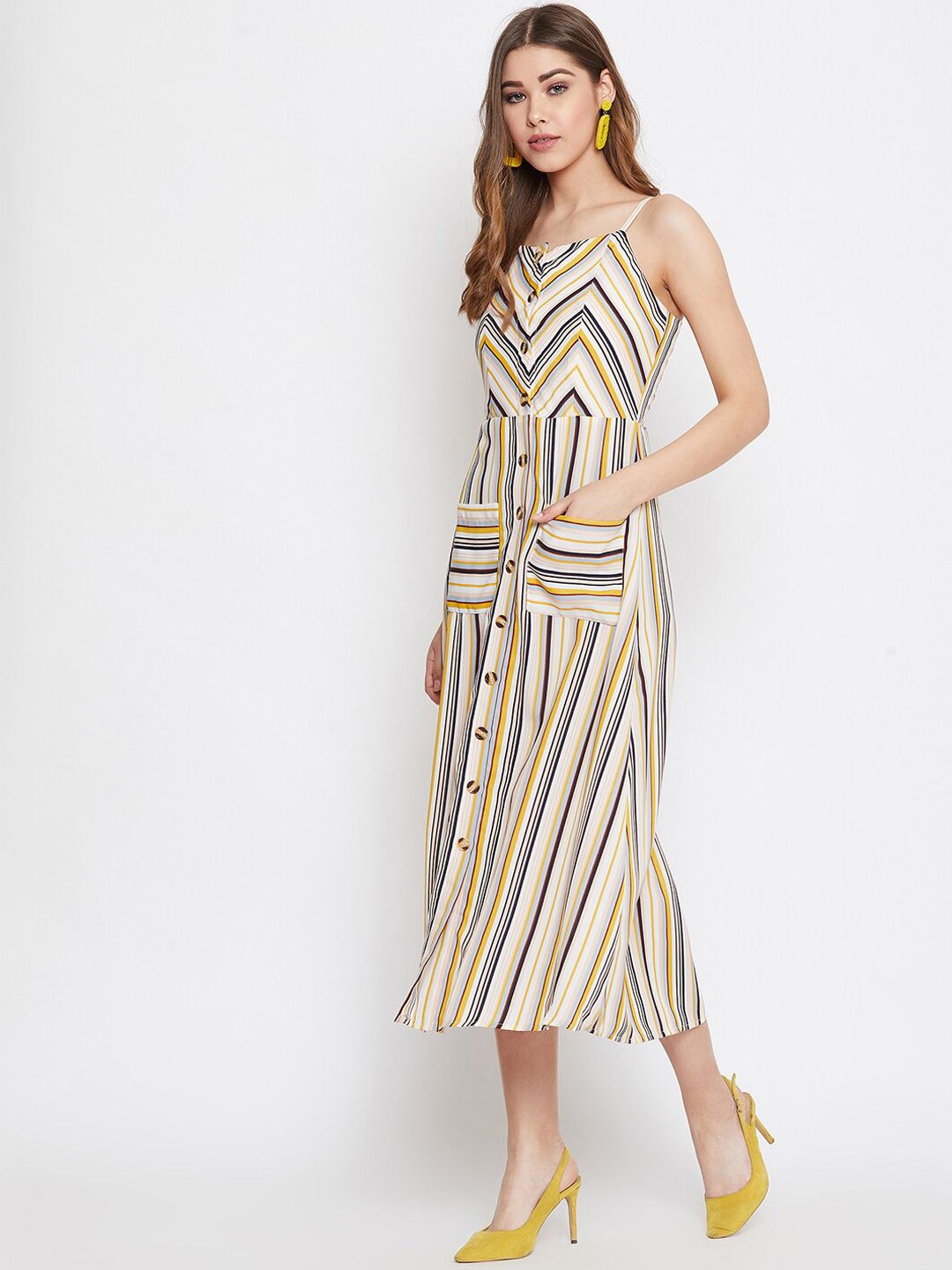 Berrylush Women Beige & Yellow Striped Fit and Flare Dress