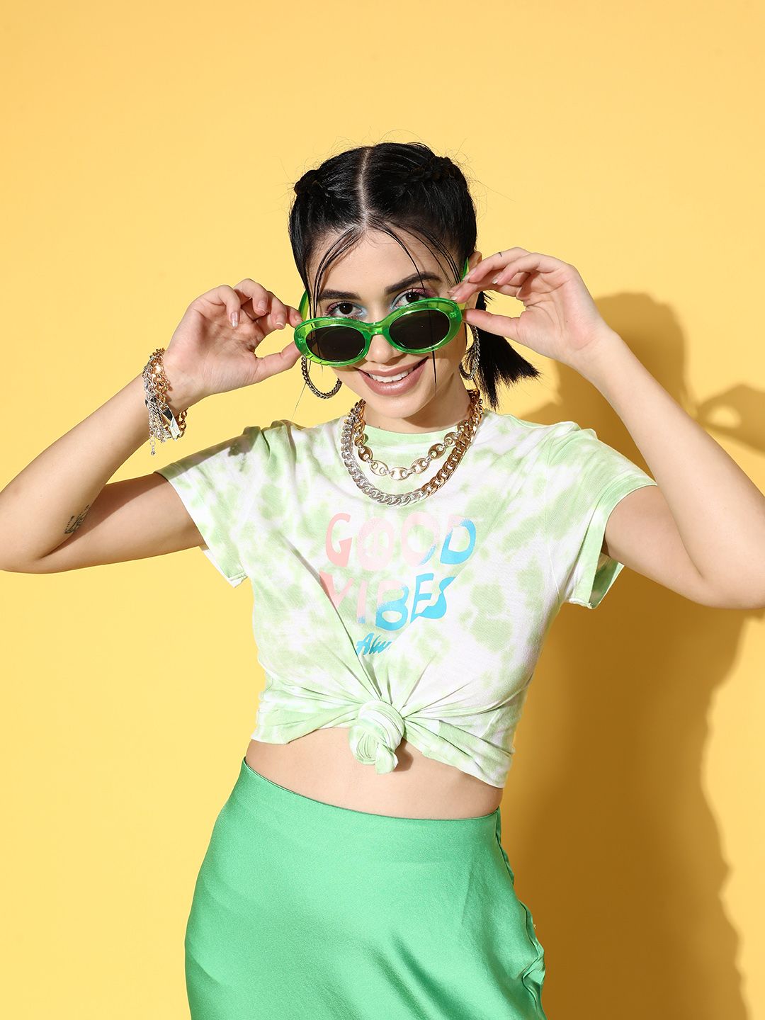 SASSAFRAS Women Green Tie and Dye Seriously Silly Tshirt