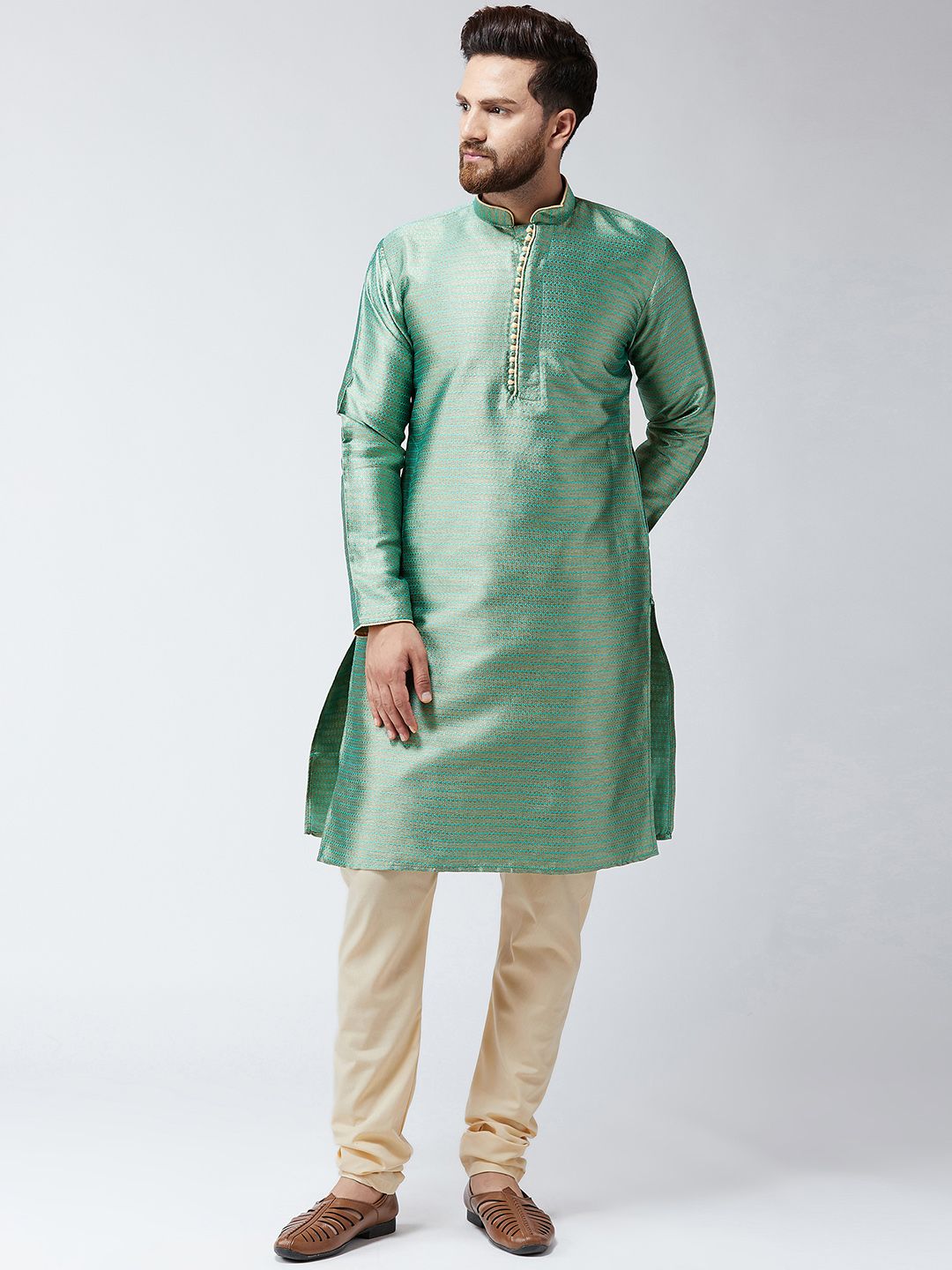 SOJANYA Men Green Woven Design Straight Kurta