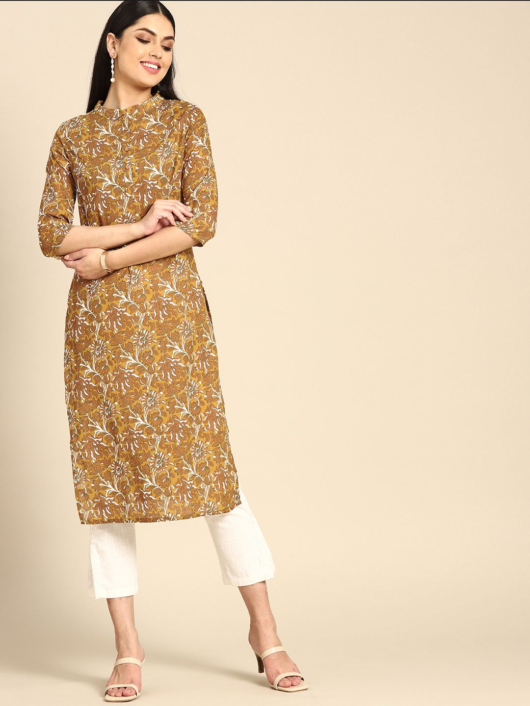 Anouk Women Olive Green & Mustard Yellow Pure Cotton Ethnic Motifs Printed Kurta