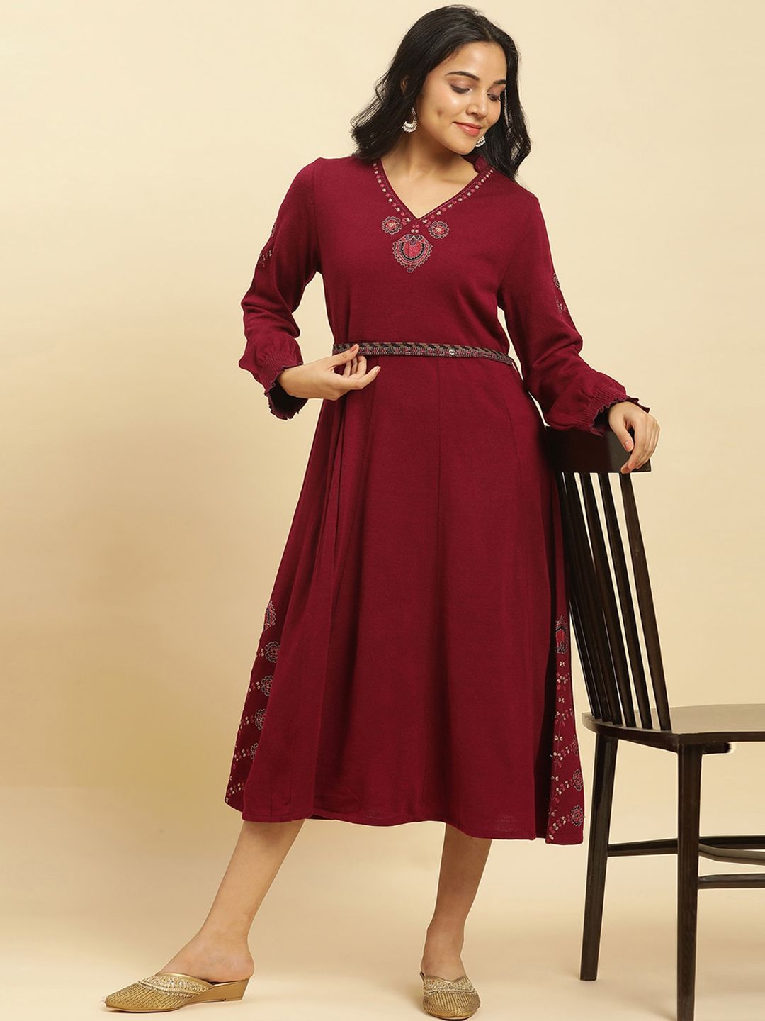 W Ethnic Motifs Embroidered Long Sleeves Acrylic Fit & Flare Midi Ethnic Dress