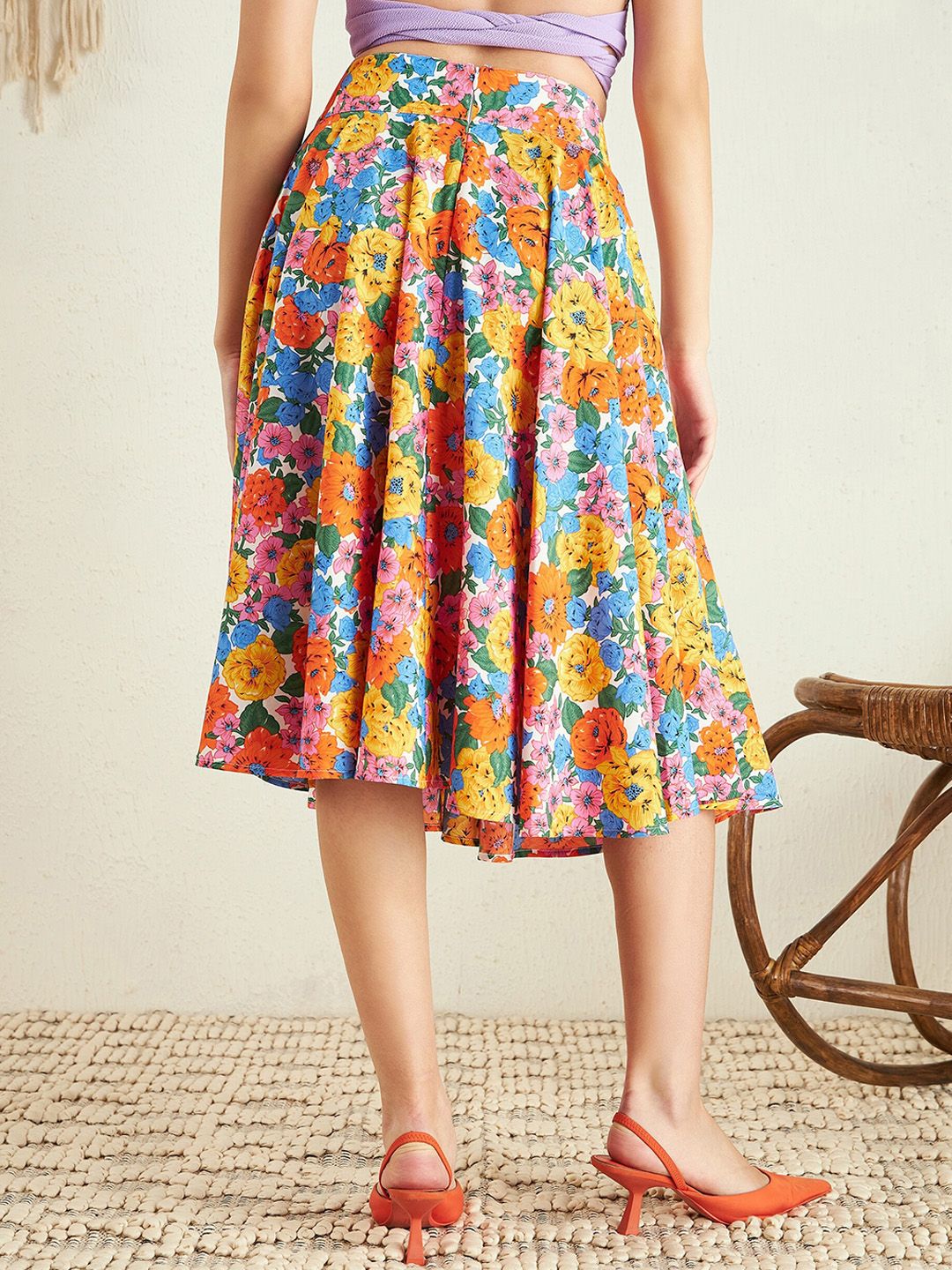 Berrylush Yellow Orange Floral Print Pleated A-Line Knee Length Skirt