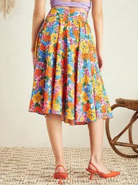 Berrylush Yellow Orange Floral Print Pleated A-Line Knee Length Skirt