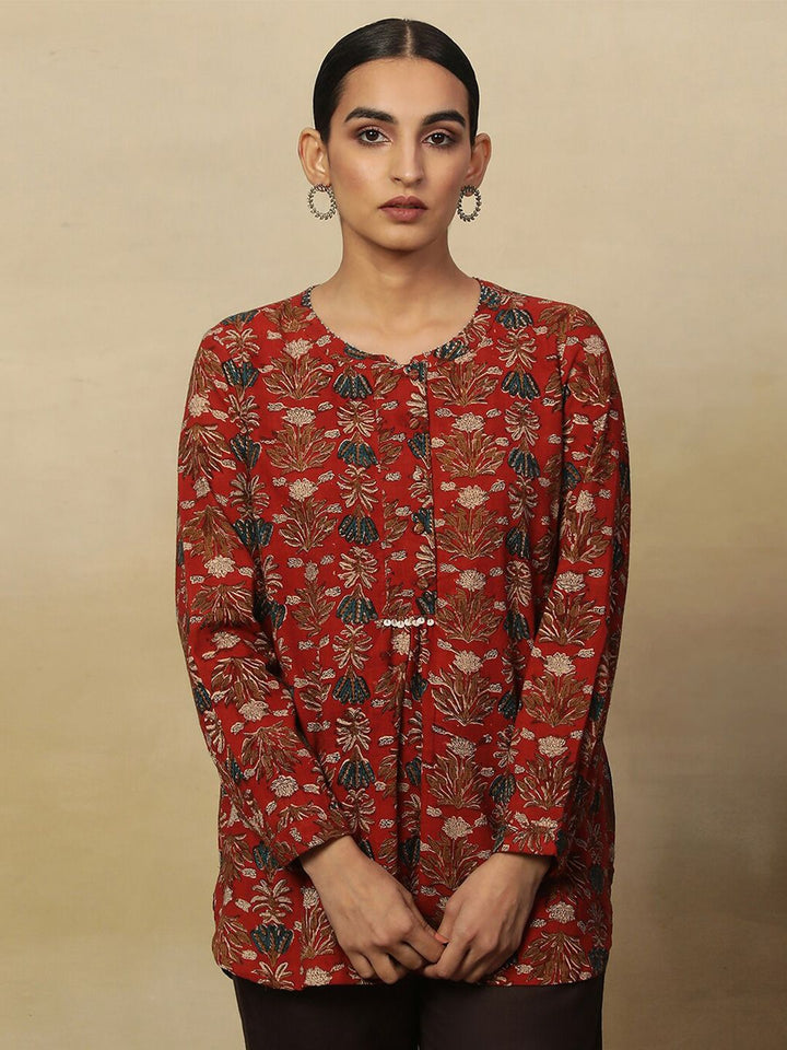 W Red Floral Printed Pure Cotton Straight Kurti