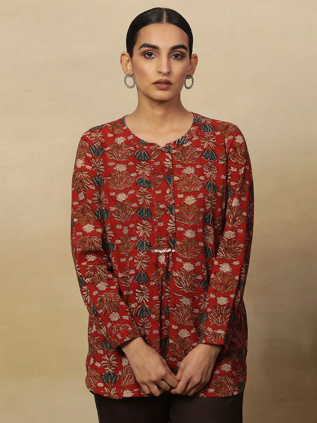 W Red Floral Printed Pure Cotton Straight Kurti