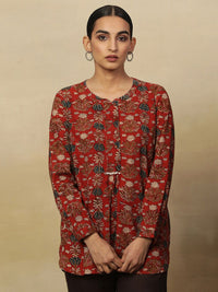 W Red Floral Printed Pure Cotton Straight Kurti