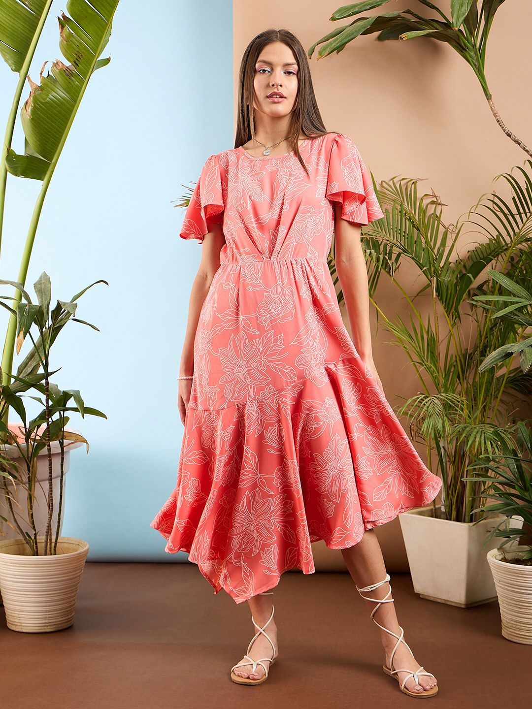 SASSAFRAS Floral Print Flared Sleeve Asymmetric Fit & Flare Maxi Dress