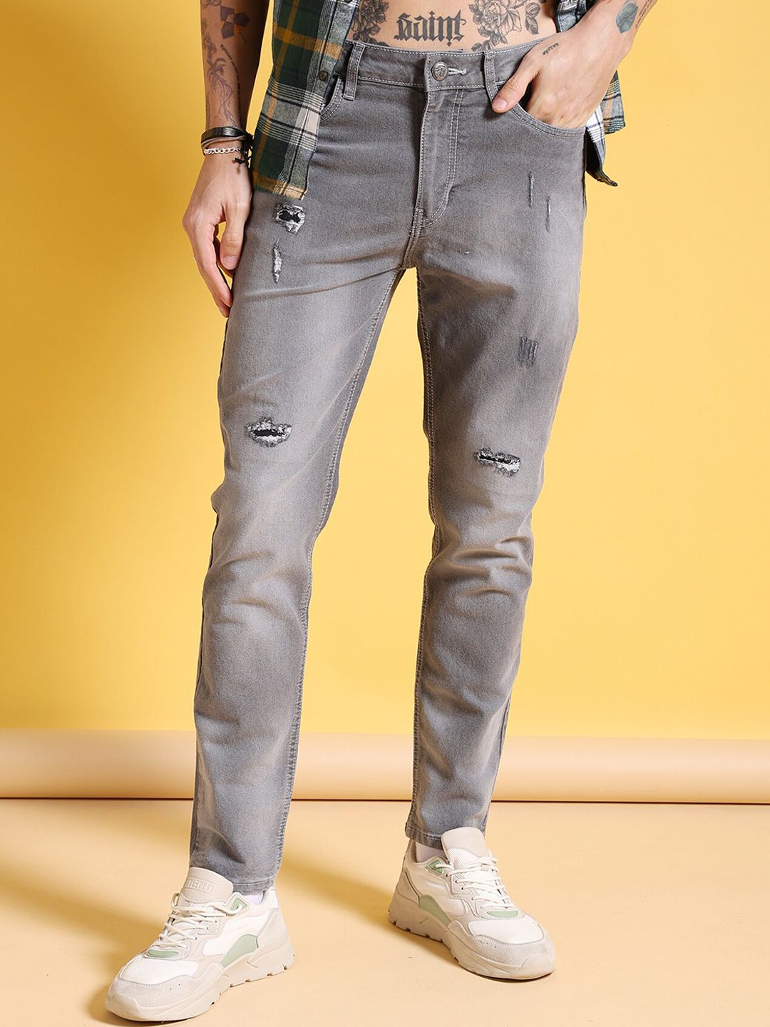 The Indian Garage Co Men Low Distress Ripped Slim Fit Stretchable Jeans