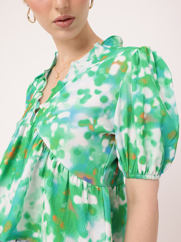 DressBerry Girly Charm Puff Sleeves Gathers Printed A-Line Crop Top