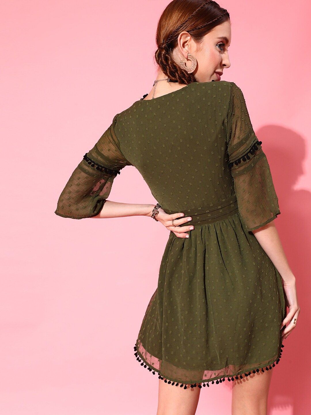 STREET 9 Olive Green Textured Embroidered Chiffon Wrap Dress with flared sheer Sleeves