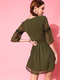 STREET 9 Olive Green Textured Embroidered Chiffon Wrap Dress with flared sheer Sleeves