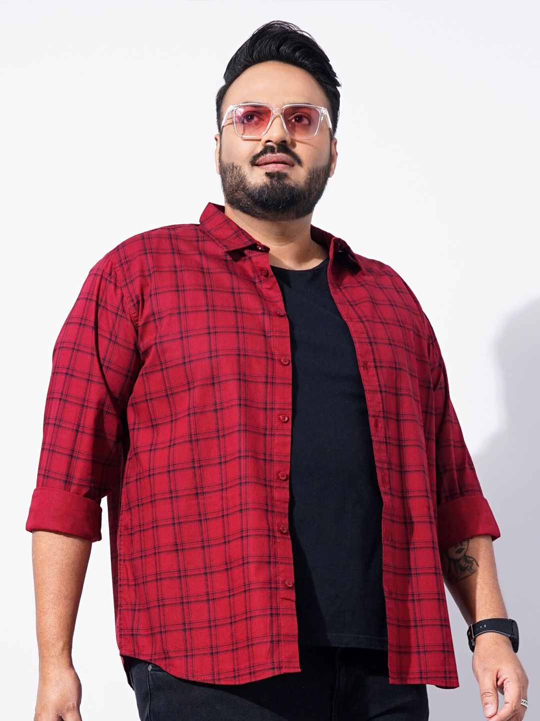 The Indian Garage Co Plus Size Windowpane Checked Cotton Casual Shirt
