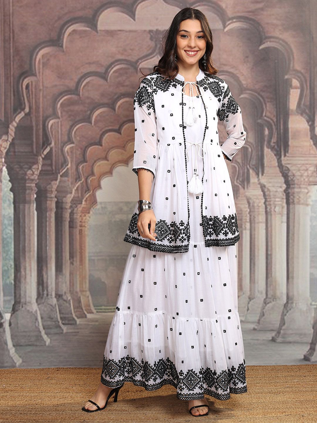 Vishudh Women Embroidered Shoulder Straps Tiered Fit & Flare Maxi Dress With Shrug
