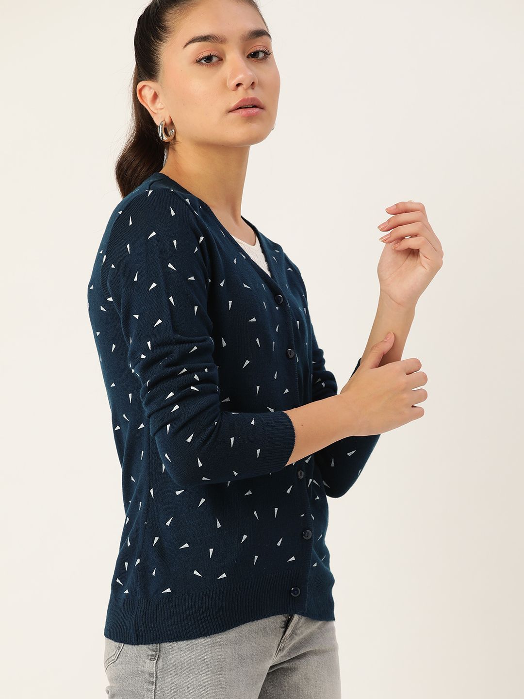 DressBerry Women Navy Blue Printed Cardigan