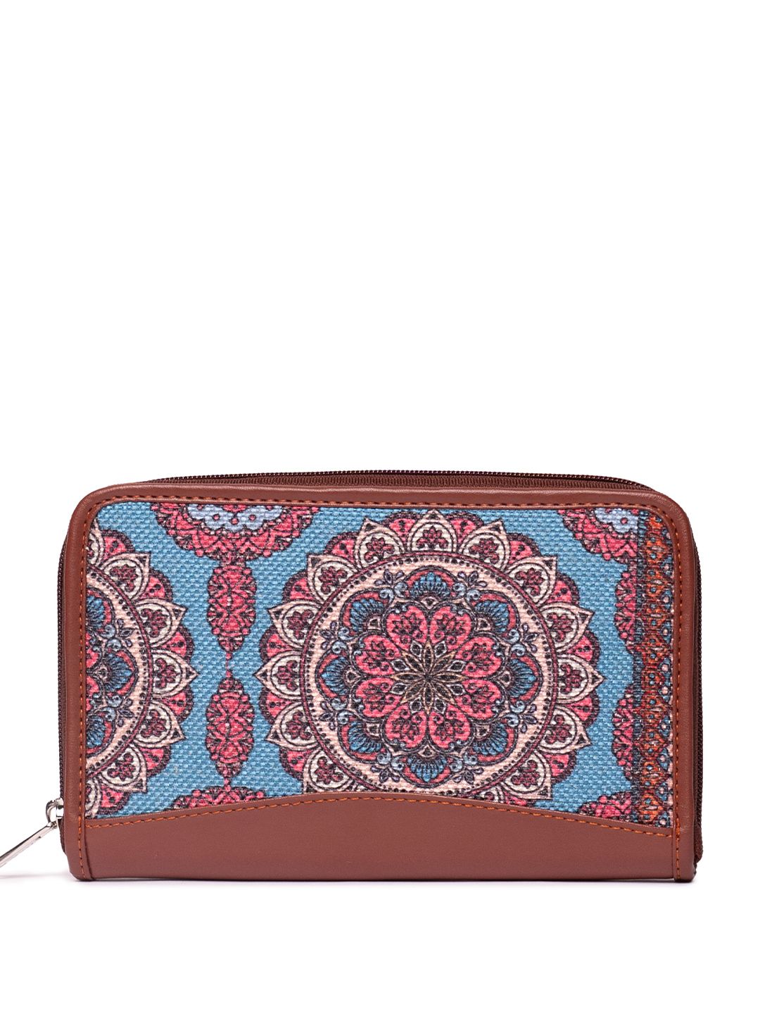 ZOUK Women Brown & Blue Geometric Printed Zip Around Wallet with SIM Card Holder