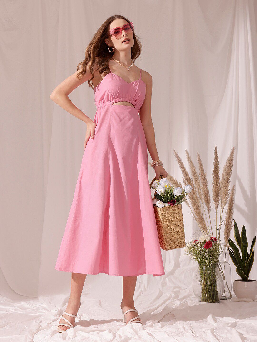 STREET 9 Shoulder Strap Cut Out Pure Cotton Fit & Flare Midi Dress