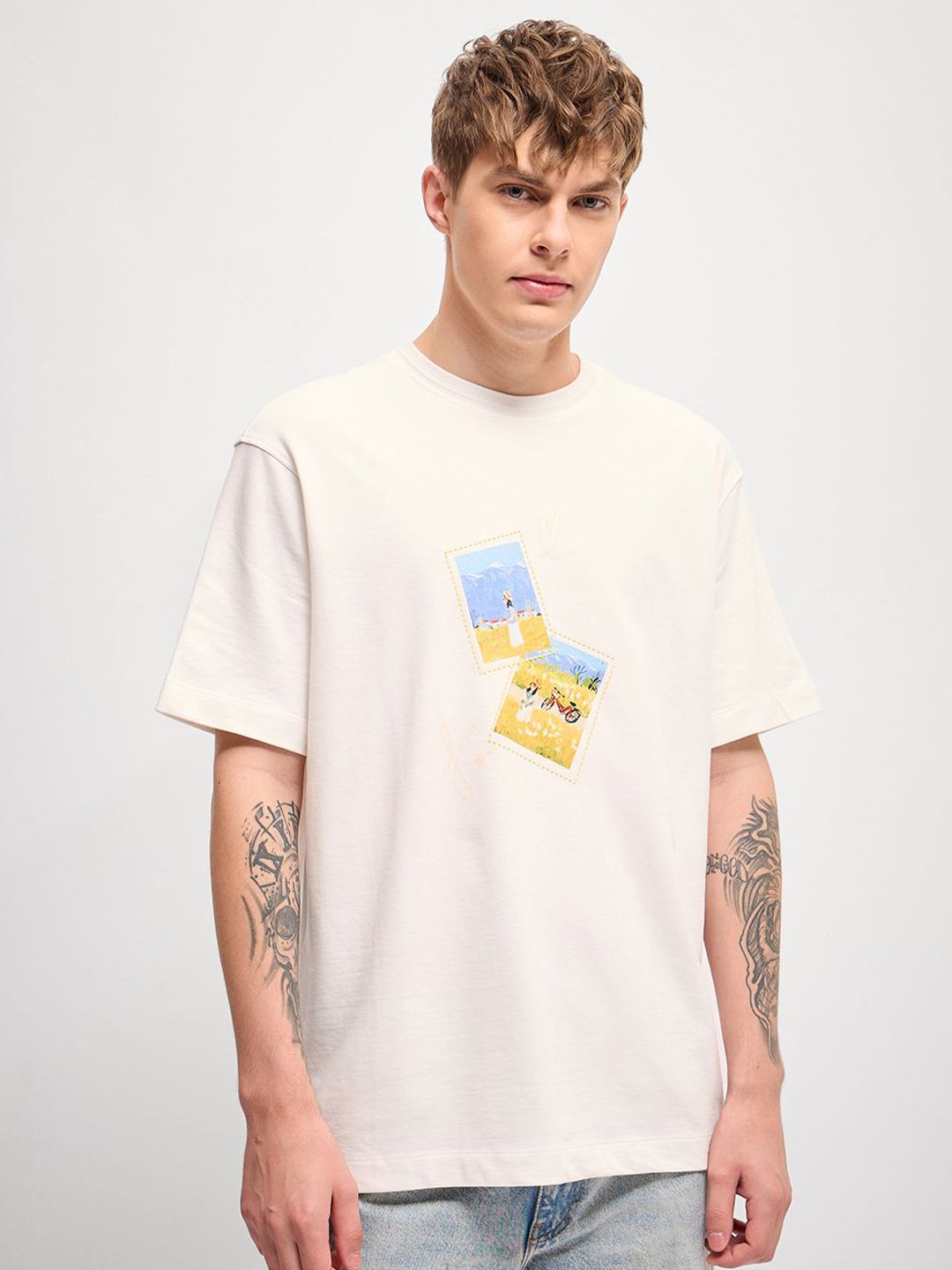 THE BEAR HOUSE Men Graphic Printed Round Neck Cotton Oversized T-Shirt