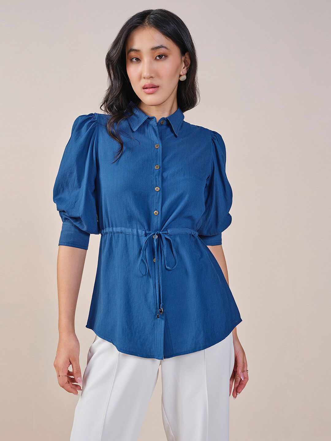AND Shirt Style Waist Tie-Ups Solid Top