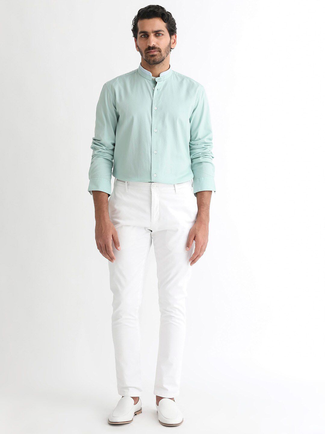 RARE RABBIT Men Tehran Slim Fit Band Collar Cotton Shirt