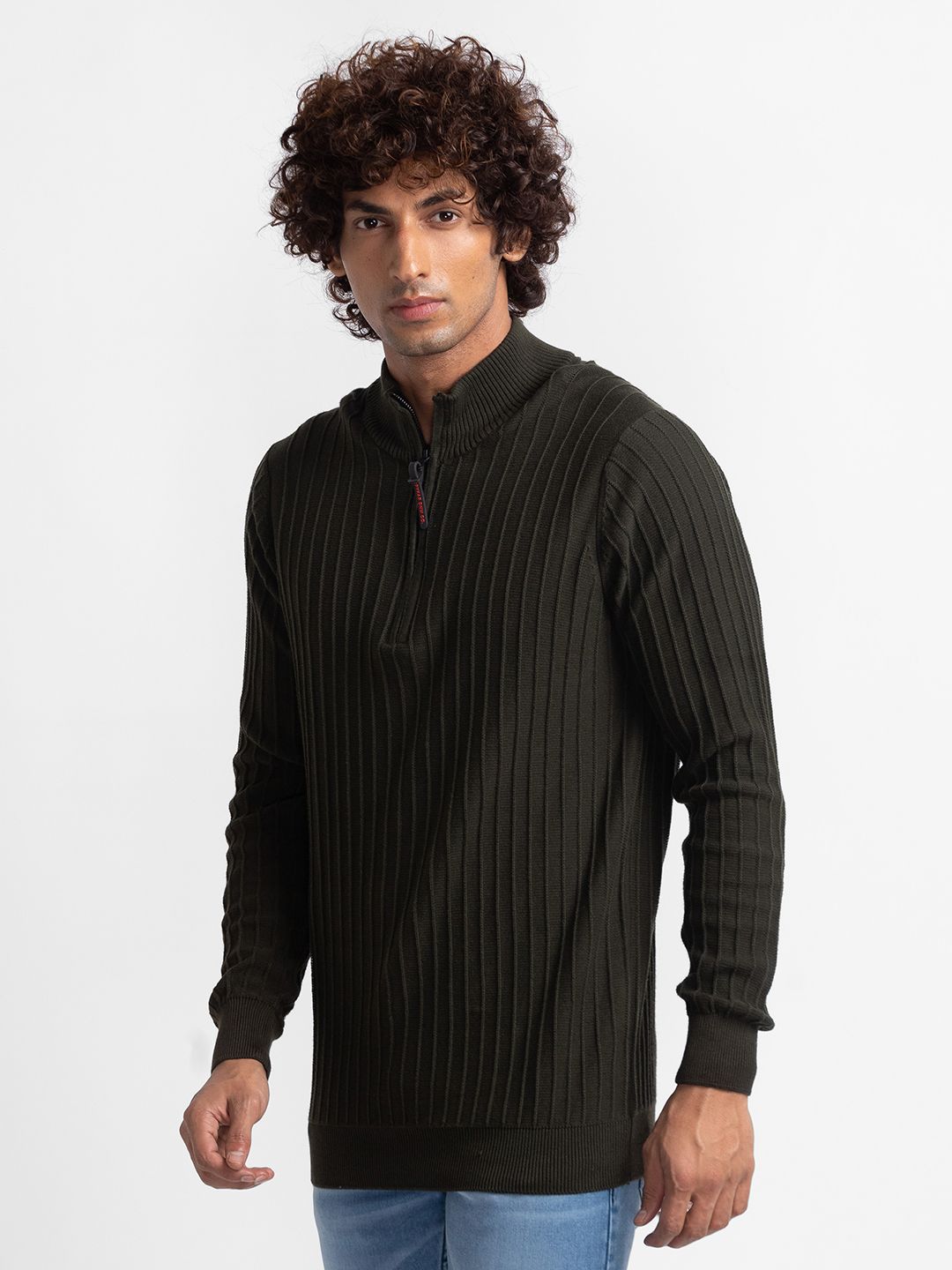 SPYKAR Pure Cotton Mock Collar Cable Knit Pullover Sweater