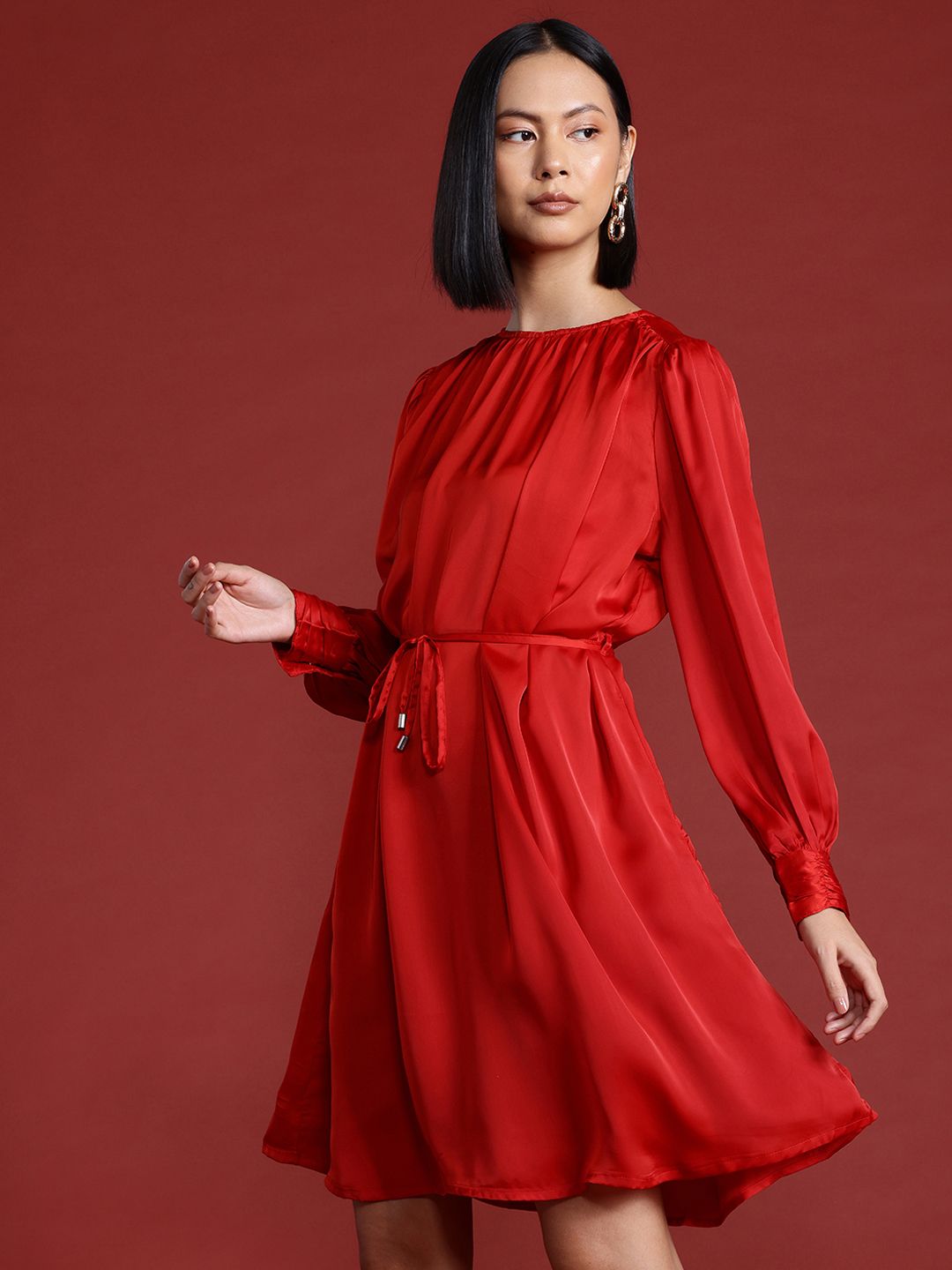 all about you Satin A-Line Dress with Belt