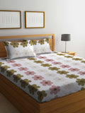 KLOTTHE Pink & Green Floral Printed 300TC Fitted Double King Bedsheet With 2 Pillow Covers