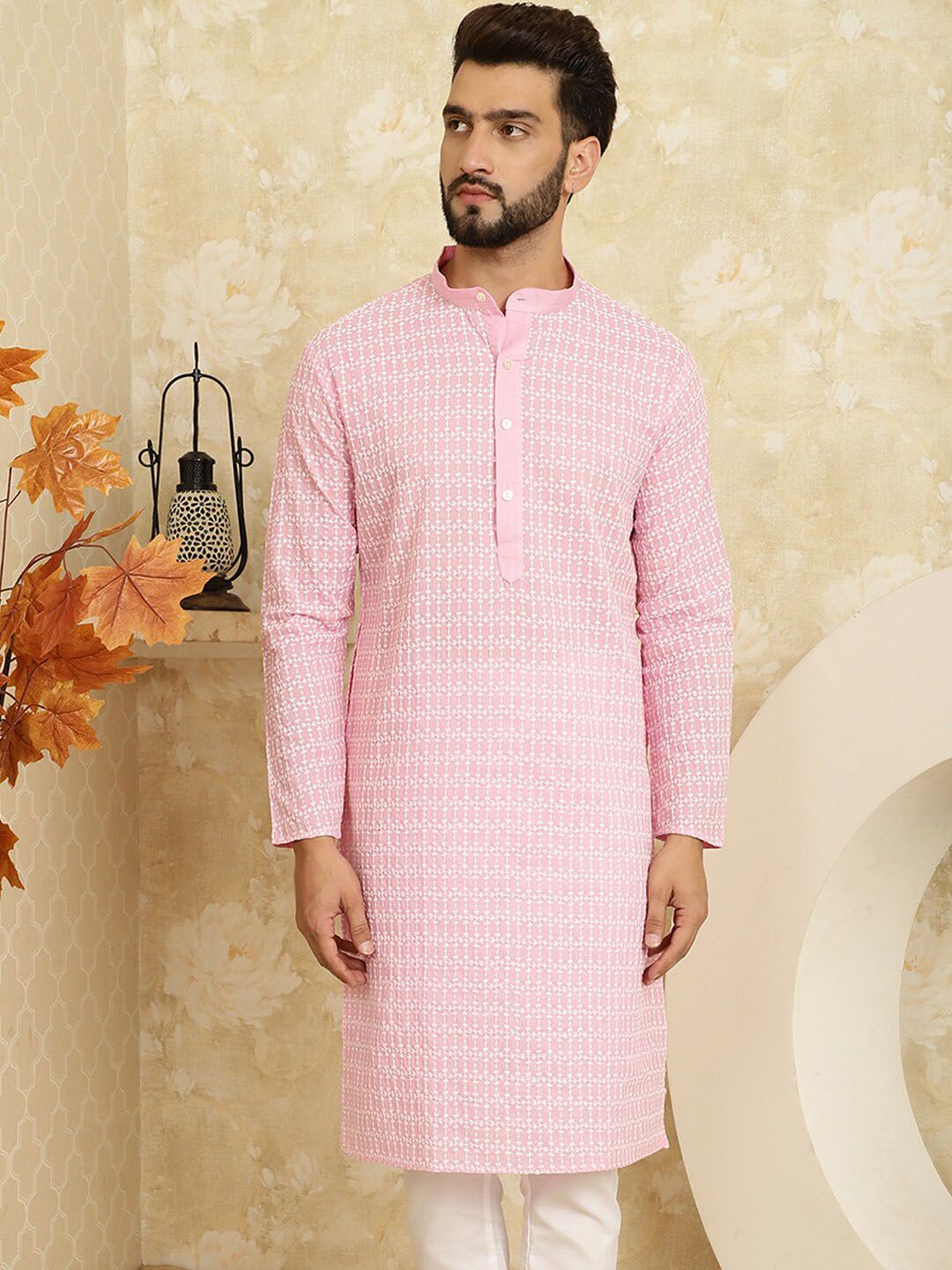 SOJANYA Floral Embroidered Band Collar Pastels Pure Cotton Straight Kurta