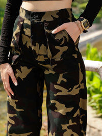 STREET 9 Women Olive Green High-Rise Relaxed Straight Leg Camouflage Printed Trousers
