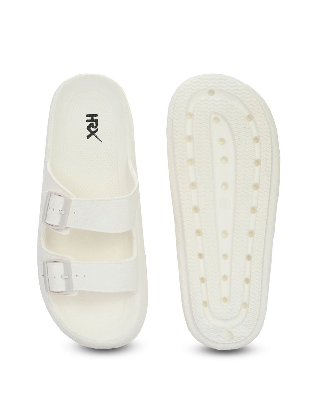 HRX by Hrithik Roshan Men White Two Strap Rubber Sliders With Buckle Detail