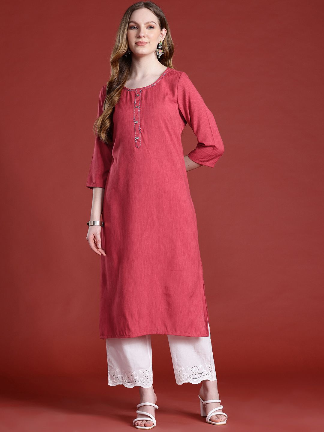Anouk Thread Work Detail Calf Length Straight Kurta with Mock Buttons