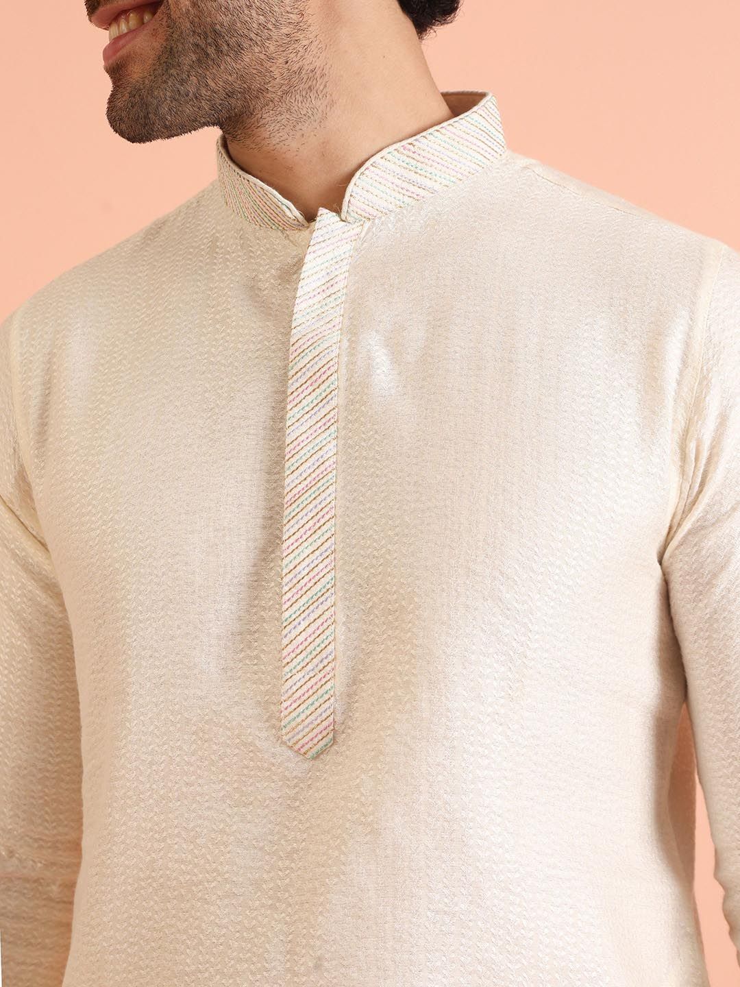KISAH Mandarin Collar Woven Design Thread Work Cotton Straight Kurta
