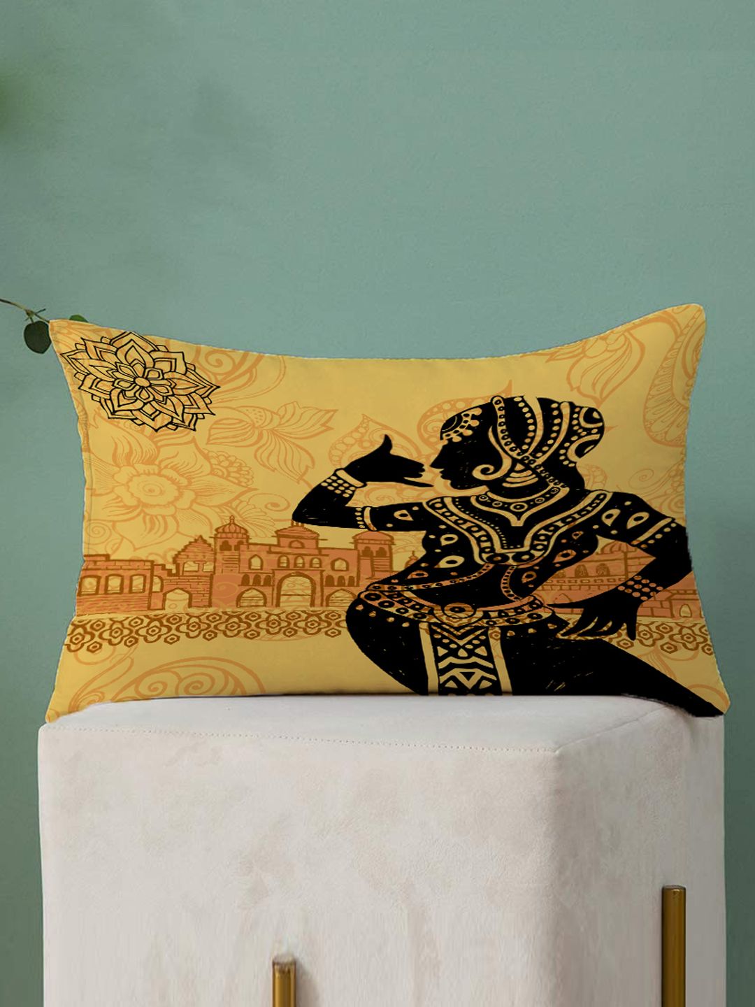 STITCHNEST Set Of 2 Yellow & Black Ethnic Motifs Printed Rectangle Cushion Covers