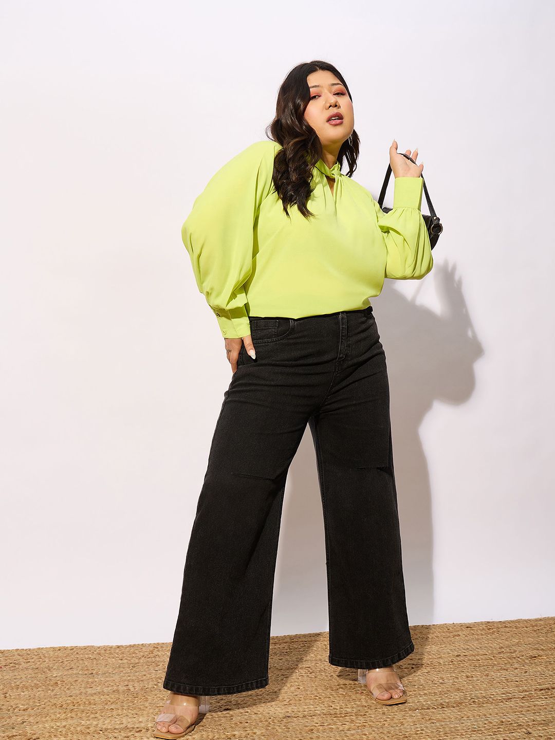 SASSAFRAS Curve Plus Size Keyhole Neck Cuffed Sleeves Georgette Top