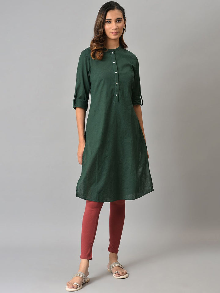 W Women Green Keyhole Neck Thread Work Pathani Kurta