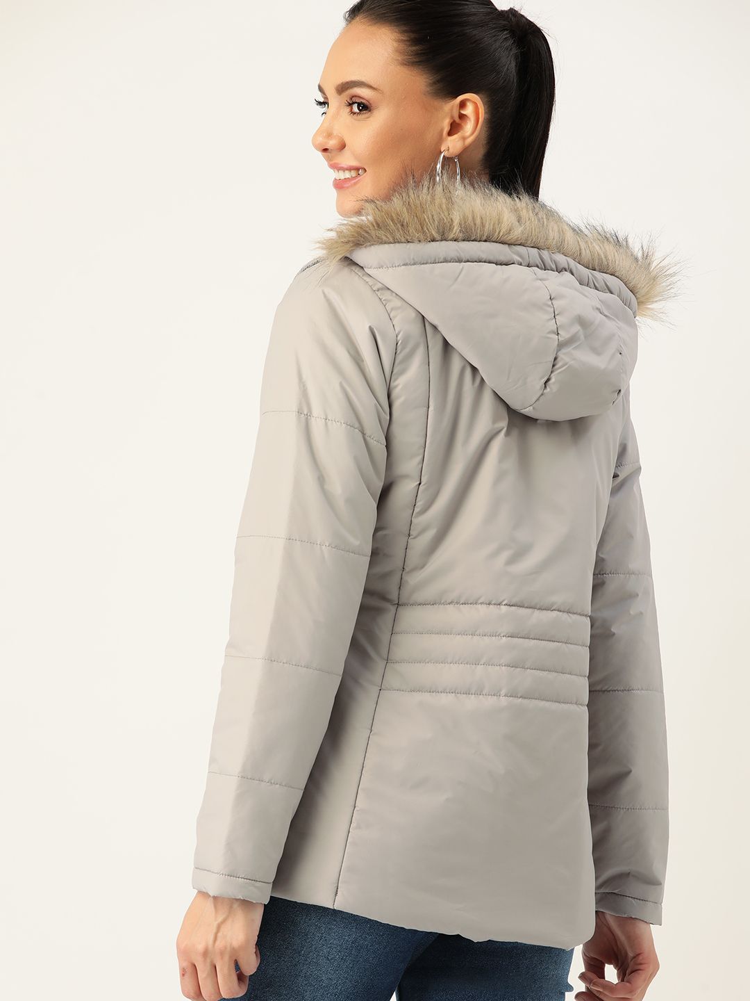 DressBerry Women Grey Solid Hooded Faux Fur Parka Jacket