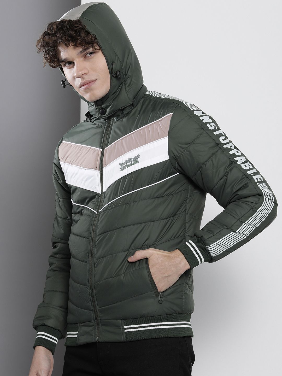 The Indian Garage Co Men Olive Green & White Striped Padded Jacket