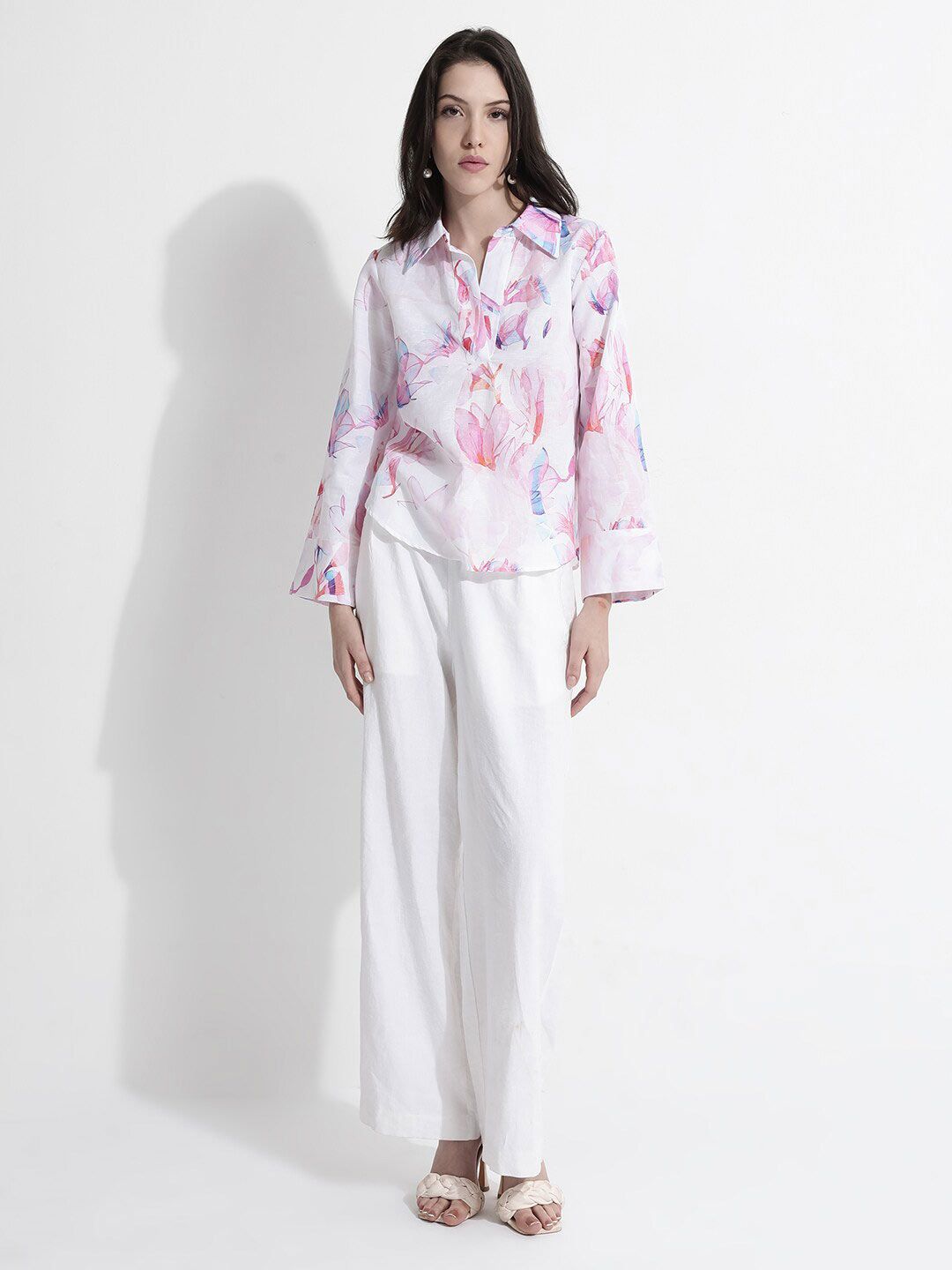 RAREISM Floral Printed Shirt Collar Cotton Top