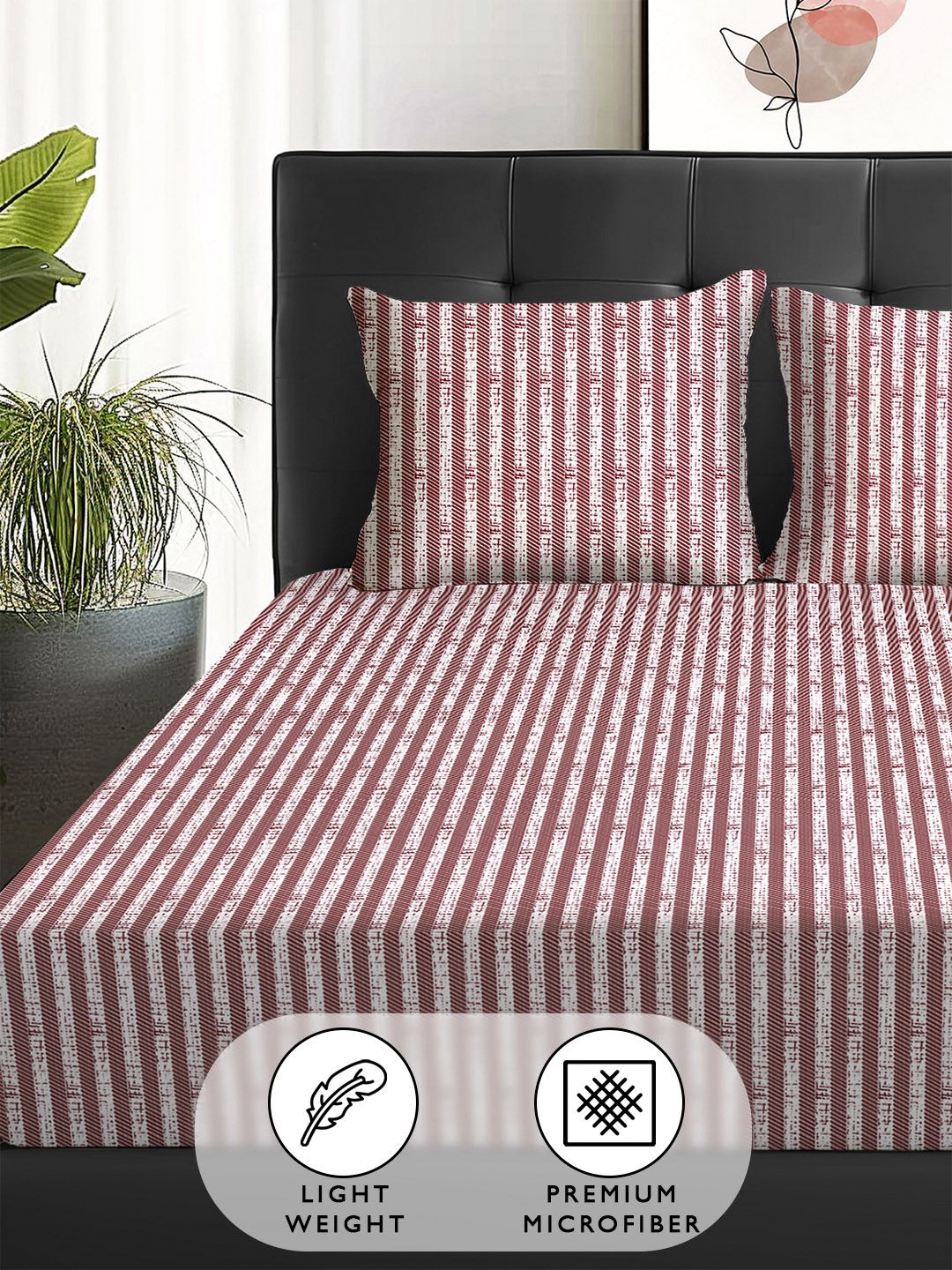 Story@home Arena Maroon & White Striped Microfiber 180 TC Queen Bedsheet & 2 Pillow Covers