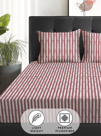 Story@home Arena Maroon & White Striped Microfiber 180 TC Queen Bedsheet & 2 Pillow Covers