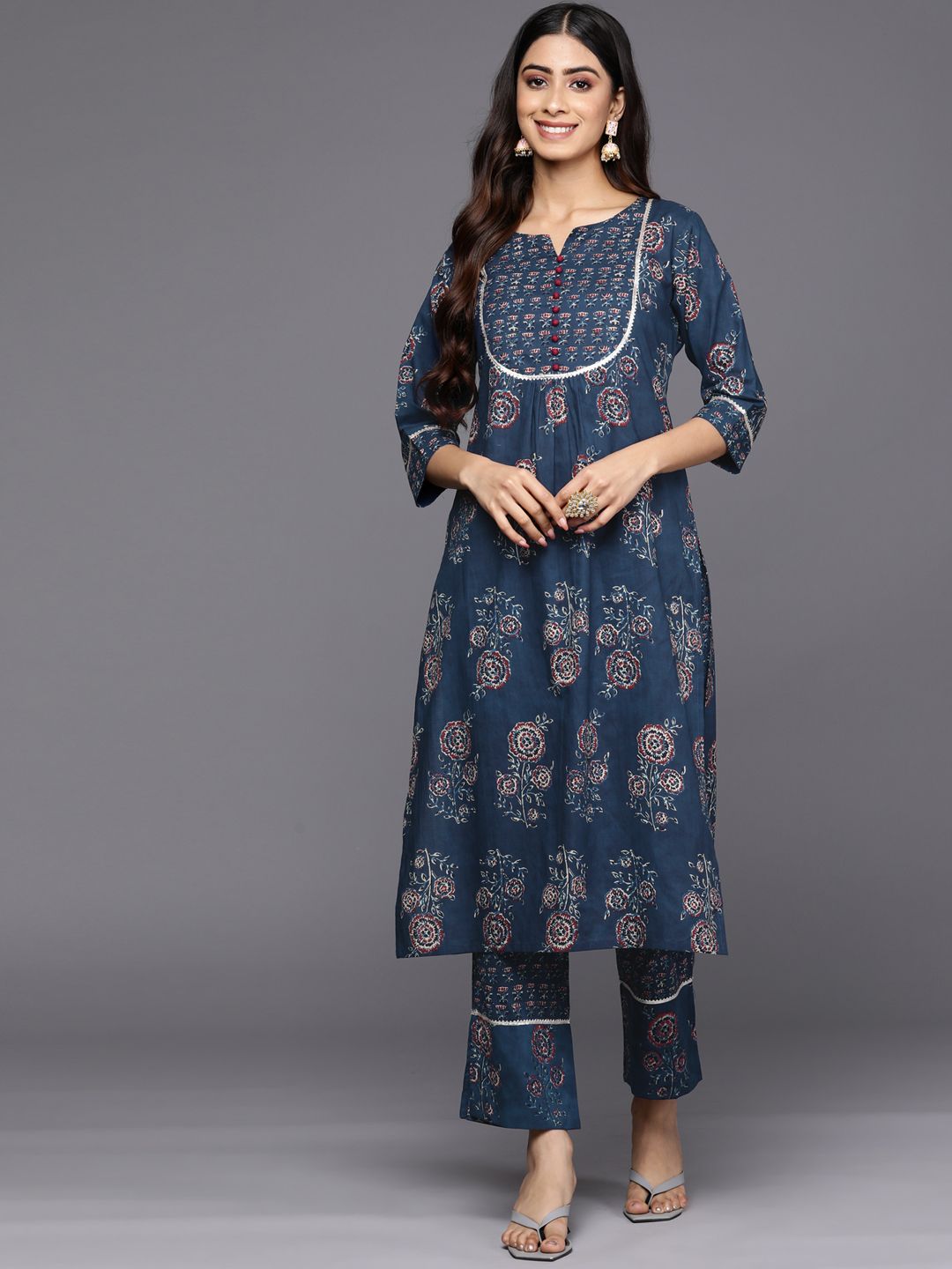 Libas Women Blue Floral Printed Gotta Patti Pure Cotton Kurta with Trousers