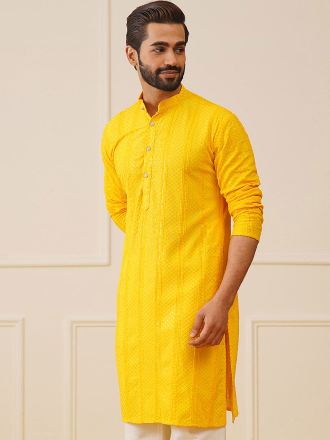 Jompers Striped Sequins Chikankari Embroidered Strigth Kurtas