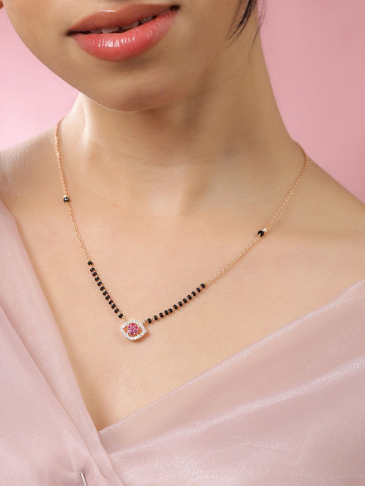 Rubans 18K Gold-Plated Ruby Pink & Cubic Zirconia Studded Black Beaded Mangalsutra Chain