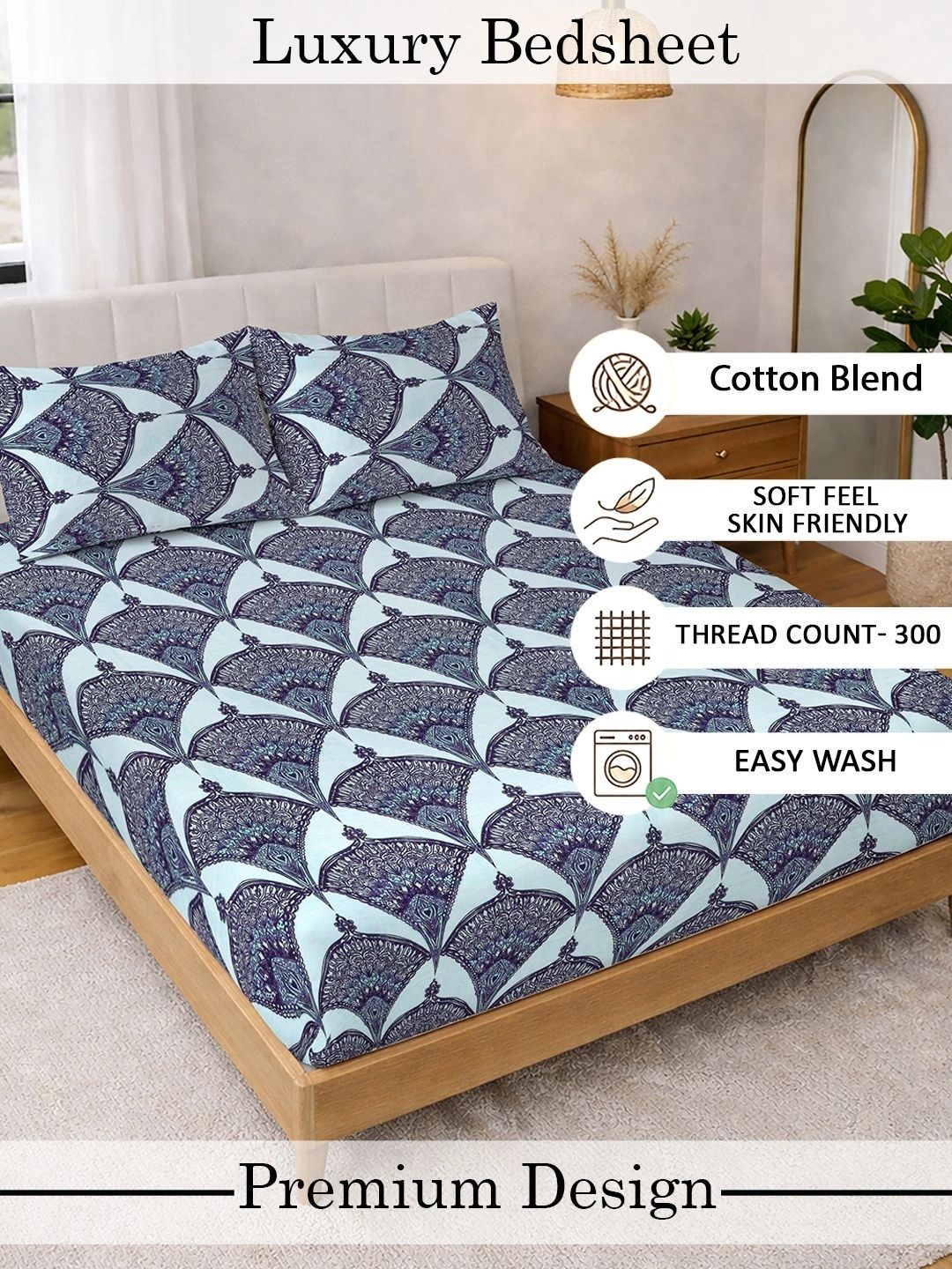 KLOTTHE Blue Geometric 300 TC Super King Fine Bedsheets