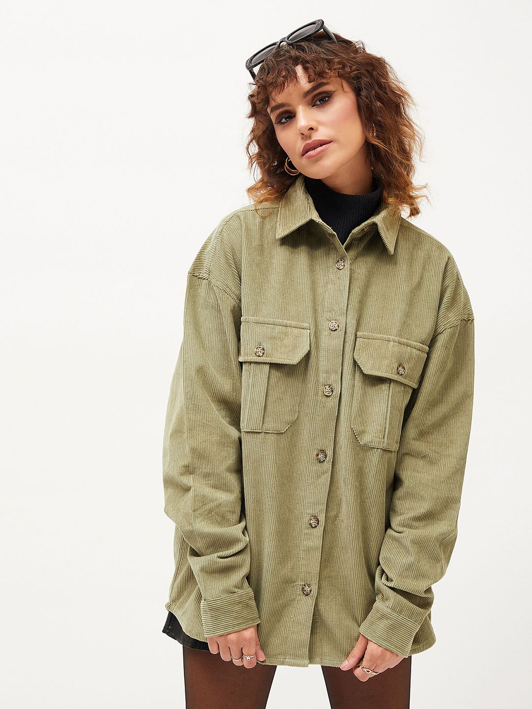 SASSAFRAS Oversized Self Designed Spread Collar Corduroy Pure Cotton Casual Shirt