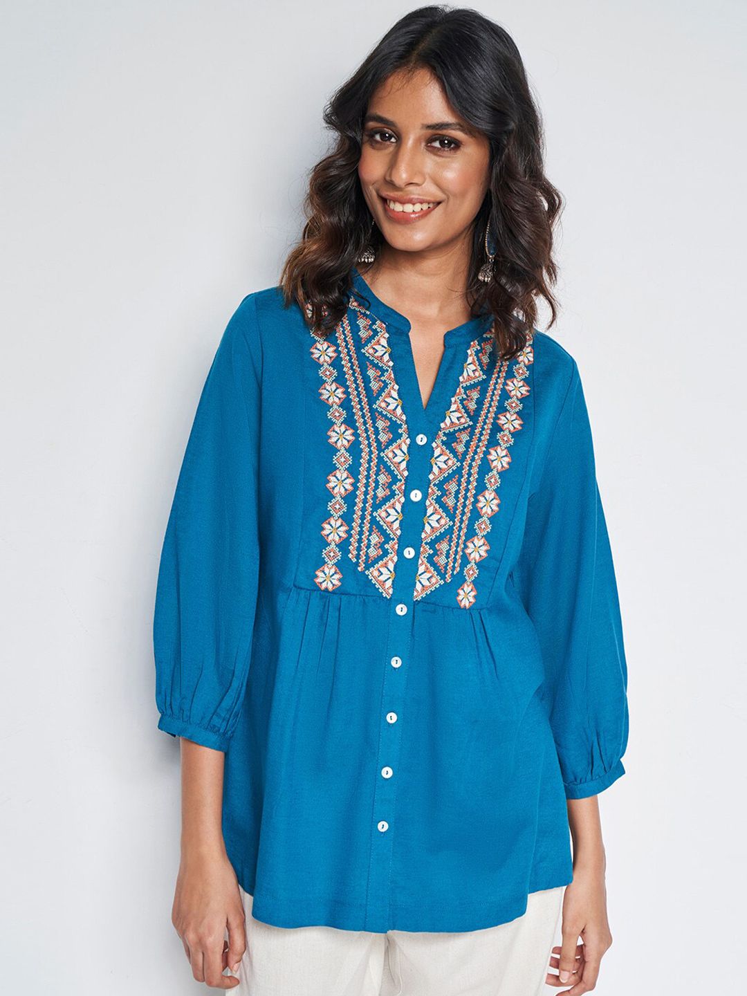 Global Desi Geometric Embroidered Mandarin Collar Cuffed Sleeves Shirt Style Top