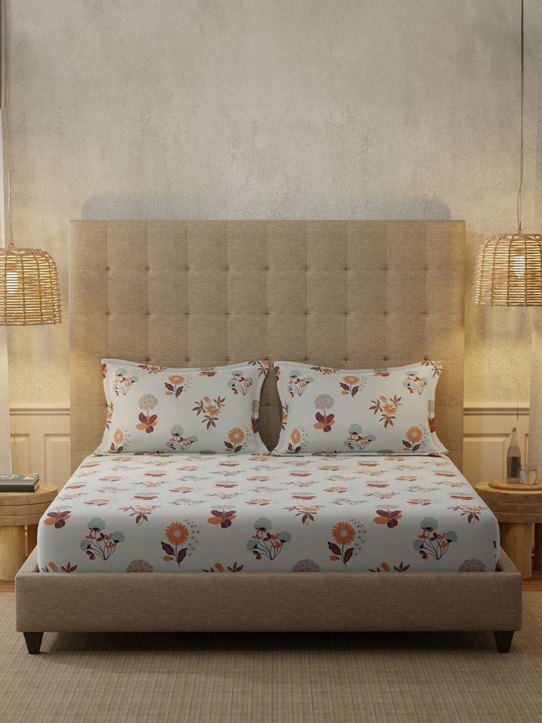 URBAN SPACE Grey Radiance Grey 200 TC Floral Queen Bedsheet