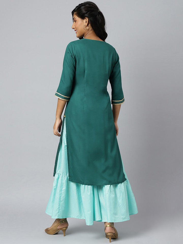 Aurelia Women Green Floral Foil Print Ethnic Liva Kurta